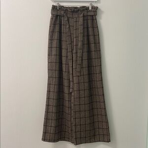 Brown Plaid Wide-Leg Pants